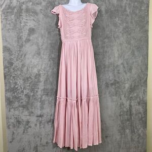 Mia Joy Girls Maxi Dress Girls Size 8 pink crochet panel, tiered, peasant Boho